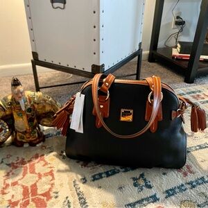 “SOLD” 
Black and Tan Leather Satchel with Tassel Accents